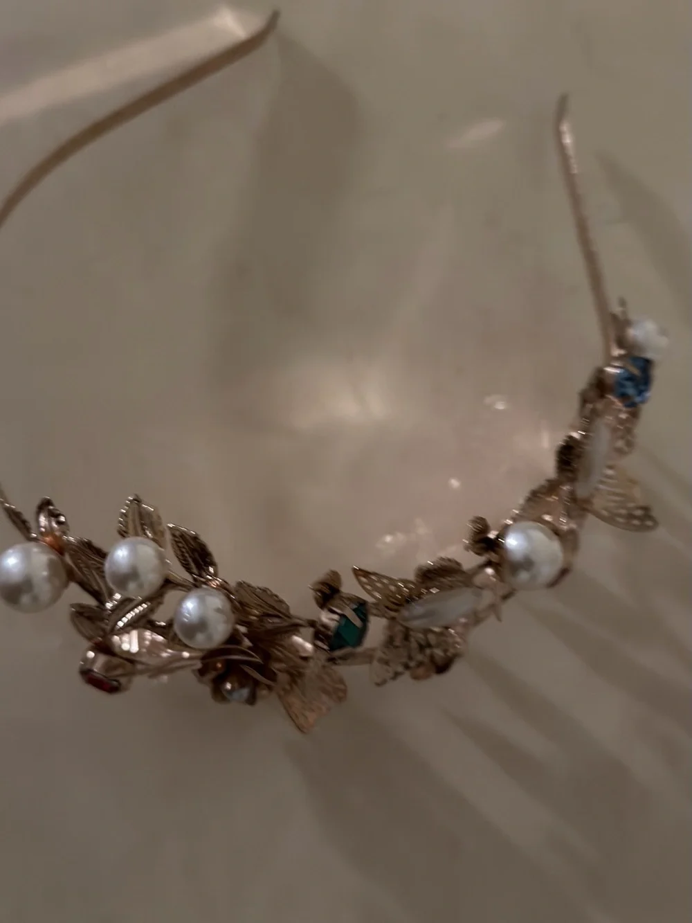 Gold-Tone Floral Pearl Headband with Multicolor Gem Accents. Head Coronet